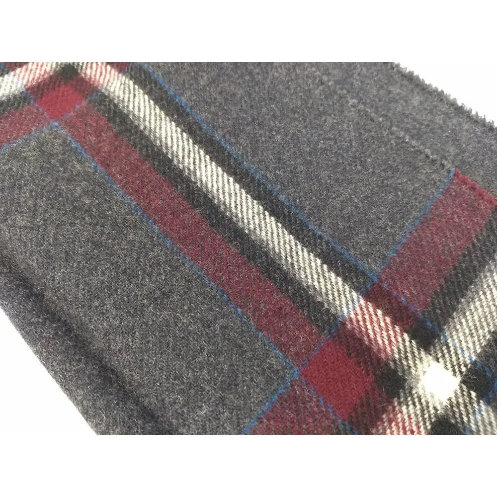 Briggs 100% Virgin Wool Scarf Mens Plaid Dark Grey Cranberry Mini Fringe England